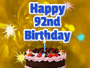Happy Birthday Age 92 GIF, 92nd Birthday GIF: A glitter and sparkle happy birthday gif with swelling sparkles, a birthday cake, and 3 lines of text to customize