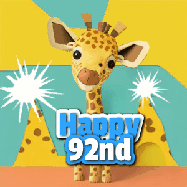 Happy Birthday Age 92 GIF, 92nd Birthday GIF: Cute giraffee birthday gif depicting a paper cutout bobbing giraffe head and birthday text you can customize with sparklers.