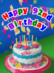 Happy Birthday Age 92 GIF, 92nd Birthday GIF: A brightly colored animated birthday gif with a cake and a cute cartoon dragon flies past to light the candles. Customize banner text.