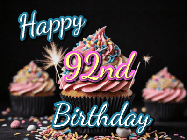 Happy Birthday Age 92 GIF, 92nd Birthday GIF: A delicious cupcake gif with animated sparkles reading Happy Birthday with a name to customize