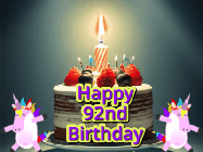Happy Birthday Age 92 GIF, 92nd Birthday GIF: An animated gif with 2 unicorns and a birthday candle on a cake.