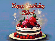 Happy Birthday Age 92 GIF, 92nd Birthday GIF: Animated GIF of a birthday cake covered in berries with 2 sparklers and a candle, reads Happy Birthday Name. Customize it.
