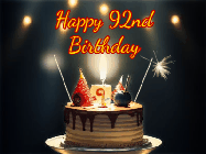 Happy Birthday Age 92 GIF, 92nd Birthday GIF: Animated birthday cake gif with sparklers on a dark background. Personalize up to 3 lines of text.