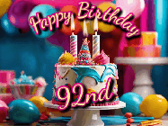 Happy Birthday Age 92 GIF, 92nd Birthday GIF: Animated birthday gif with a beautiful colorful birthday can and sparkles in the air. It reads Happy Birthday Customize.