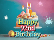 Happy Birthday Age 92 GIF, 92nd Birthday GIF: A colorful animated Happy Birthday Cake GIF with swirling sparkles and flickering candles. It reads Happy Birthday Name