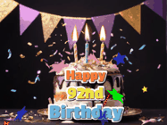 Happy Birthday Age 92 GIF, 92nd Birthday GIF: Happy birthday cake animated gif with flickering candles, animated text, and falling confetti. Customize text reading Happy Birthday Customize.