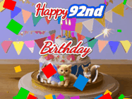 Happy Birthday Age 92 GIF, 92nd Birthday GIF: Happy Birthday Cake GIF with a cat, lamb, and squirrel on the cake with flickering candles, a sparkler, and falling confetti. Reads Happy Birthday Name and you can customize the name
