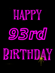 Happy Birthday Age 93 GIF, 93rd Birthday GIF: Retro happy birthday GIF with 2 lines of text you can customize on a black background with animated twinkles.