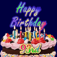 Happy Birthday Age 93 GIF, 93rd Birthday GIF: A dark blue birthday gif with a beautiful cake with flickering candles, background sparkles and a name to customize.