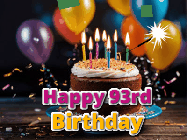 Happy Birthday Age 93 GIF, 93rd Birthday GIF: A birthday cake with flickering candles gif with text reading Happy Birthday and a Name slot to customize