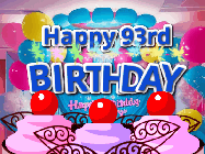 Happy Birthday Age 93 GIF, 93rd Birthday GIF: Birthday animated gif with sparklers on text name you can customize. Brightly colored with a close up cake cherries.