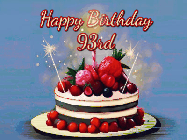 Happy Birthday Age 93 GIF, 93rd Birthday GIF: Animated GIF of a birthday cake covered in berries with 2 sparklers and a candle, reads Happy Birthday Name. Customize it.