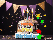 Happy Birthday Age 93 GIF, 93rd Birthday GIF: Happy birthday cake animated gif with flickering candles, animated text, and falling confetti. Customize text reading Happy Birthday Customize.