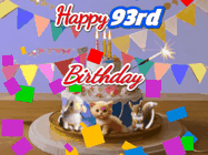 Happy Birthday Age 93 GIF, 93rd Birthday GIF: Happy Birthday Cake GIF with a cat, lamb, and squirrel on the cake with flickering candles, a sparkler, and falling confetti. Reads Happy Birthday Name and you can customize the name