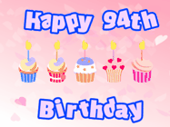 Happy Birthday Age 94 GIF, 94th Birthday GIF: Pink animated birthday gif with 5 cupcakes and candles and animated text you can customize with name.