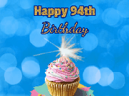 Happy Birthday Age 94 GIF, 94th Birthday GIF: Animated gif happy birthday cupcake with sparkler and customizable glittering text