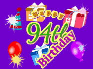 Happy Birthday Age 94 GIF, 94th Birthday GIF: Animated Birthday GIF with growing and shrinking background and sparklers and a customizable name that spins around.