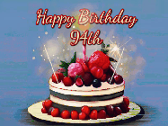 Happy Birthday Age 94 GIF, 94th Birthday GIF: Animated GIF of a birthday cake covered in berries with 2 sparklers and a candle, reads Happy Birthday Name. Customize it.