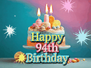 Happy Birthday Age 94 GIF, 94th Birthday GIF: A colorful animated Happy Birthday Cake GIF with swirling sparkles and flickering candles. It reads Happy Birthday Name