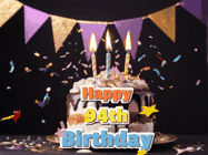Happy Birthday Age 94 GIF, 94th Birthday GIF: Happy birthday cake animated gif with flickering candles, animated text, and falling confetti. Customize text reading Happy Birthday Customize.