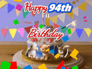 Happy Birthday Age 94 GIF, 94th Birthday GIF: Happy Birthday Cake GIF with a cat, lamb, and squirrel on the cake with flickering candles, a sparkler, and falling confetti. Reads Happy Birthday Name and you can customize the name