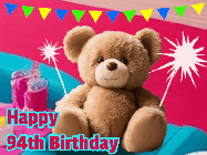 Happy Birthday Age 94 GIF, 94th Birthday GIF: A cute birthday teddy bear animated birthday gif with the bear holding sparklers and text to customize.