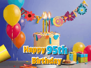 Happy Birthday Age 95 GIF, 95th Birthday GIF: Happy birthday cake animated gif with flickering candles, balloons, confetti, and text to customize.