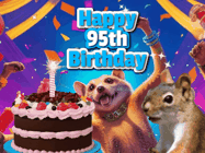 Happy Birthday Age 95 GIF, 95th Birthday GIF: A silly animated birthday gif, a chipmunk lights bady cake sparkler with laser beam eyes and starts a bright glitter party.