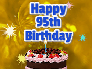 Happy Birthday Age 95 GIF, 95th Birthday GIF: A glitter and sparkle happy birthday gif with swelling sparkles, a birthday cake, and 3 lines of text to customize