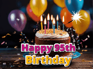 Happy Birthday Age 95 GIF, 95th Birthday GIF: A birthday cake with flickering candles gif with text reading Happy Birthday and a Name slot to customize
