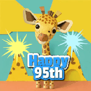 Happy Birthday Age 95 GIF, 95th Birthday GIF: Cute giraffee birthday gif depicting a paper cutout bobbing giraffe head and birthday text you can customize with sparklers.