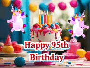Happy Birthday Age 95 GIF, 95th Birthday GIF: Animated Happy Birthday GIF with a beautiful birthday cake being lit up by two unicorns. There are 3 lines of text to customize.