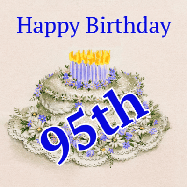 Happy Birthday Age 95 GIF, 95th Birthday GIF: A beautiful animated birthday gif with a vintage style cake drawing and animated candle flames. Customize the name and text.
