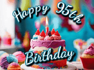 Happy Birthday Age 95 GIF, 95th Birthday GIF: Animated Happy Birthday Gif reading Happy Birthday Customize. Depicts a colorful birthday with flickering candles and glitter.