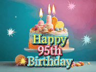 Happy Birthday Age 95 GIF, 95th Birthday GIF: A colorful animated Happy Birthday Cake GIF with swirling sparkles and flickering candles. It reads Happy Birthday Name