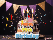 Happy Birthday Age 95 GIF, 95th Birthday GIF: Happy birthday cake animated gif with flickering candles, animated text, and falling confetti. Customize text reading Happy Birthday Customize.