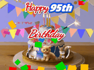 Happy Birthday Age 95 GIF, 95th Birthday GIF: Happy Birthday Cake GIF with a cat, lamb, and squirrel on the cake with flickering candles, a sparkler, and falling confetti. Reads Happy Birthday Name and you can customize the name
