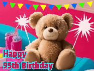 Happy Birthday Age 95 GIF, 95th Birthday GIF: A cute birthday teddy bear animated birthday gif with the bear holding sparklers and text to customize.