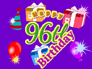 Happy Birthday Age 96 GIF, 96th Birthday GIF: Animated Birthday GIF with growing and shrinking background and sparklers and a customizable name that spins around.