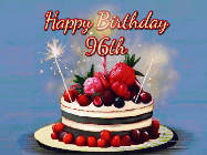 Happy Birthday Age 96 GIF, 96th Birthday GIF: Animated GIF of a birthday cake covered in berries with 2 sparklers and a candle, reads Happy Birthday Name. Customize it.