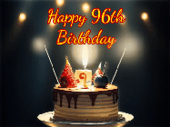 Happy Birthday Age 96 GIF, 96th Birthday GIF: Animated birthday cake gif with sparklers on a dark background. Personalize up to 3 lines of text.