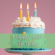 Happy Birthday Age 96 GIF, 96th Birthday GIF: Sparkles fly over a birthday cake that has 3 flickering candles, text in a colored band read Happy Birthday Name.