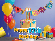 Happy Birthday Age 97 GIF, 97th Birthday GIF: Happy birthday cake animated gif with flickering candles, balloons, confetti, and text to customize.