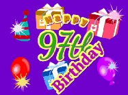 Happy Birthday Age 97 GIF, 97th Birthday GIF: Animated Birthday GIF with growing and shrinking background and sparklers and a customizable name that spins around.