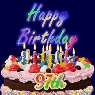 Happy Birthday Age 97 GIF, 97th Birthday GIF: A dark blue birthday gif with a beautiful cake with flickering candles, background sparkles and a name to customize.