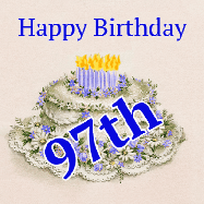 Happy Birthday Age 97 GIF, 97th Birthday GIF: A beautiful animated birthday gif with a vintage style cake drawing and animated candle flames. Customize the name and text.