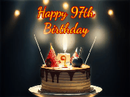 Happy Birthday Age 97 GIF, 97th Birthday GIF: Animated birthday cake gif with sparklers on a dark background. Personalize up to 3 lines of text.