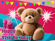 Happy Birthday Age 97 GIF, 97th Birthday GIF: A cute birthday teddy bear animated birthday gif with the bear holding sparklers and text to customize.