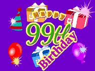 Happy Birthday Age 99 GIF, 99th Birthday GIF: Animated Birthday GIF with growing and shrinking background and sparklers and a customizable name that spins around.