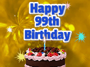 Happy Birthday Age 99 GIF, 99th Birthday GIF: A glitter and sparkle happy birthday gif with swelling sparkles, a birthday cake, and 3 lines of text to customize